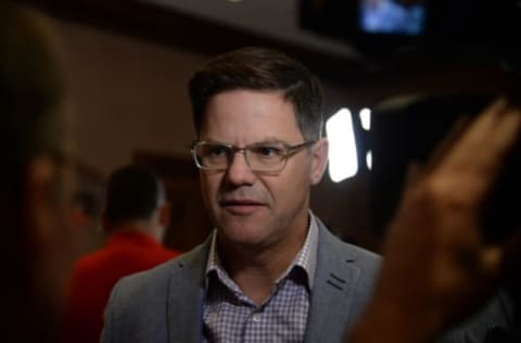 Nov 12, 2019; Scottsdale, AZ, USA; Toronto Blue Jays general manager Ross Atkins speaks during media availability at the Omni Scottsdale Resort & Spa at Montelucia. Mandatory Credit: Joe Camporeale-USA TODAY Sports