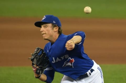 Jul 16, 2020; Toronto, Ontario, Canada; Toronto Blue Jays pitcher Ryan Borucki (56) delivers a pitch during summer training camp at Rogers Centre. Mandatory Credit: Dan Hamilton-USA TODAY Sports