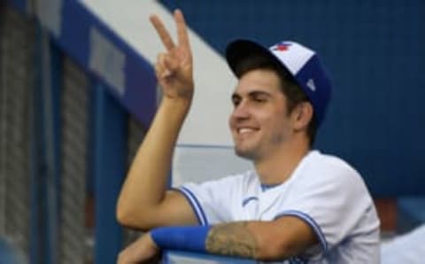 Jul 17, 2020; Toronto, Ontario, Canada; Toronto Blue Jays infielder Jordan Groshans (86) gestures to a team mate during an intra-squad game at Rogers Centre. Mandatory Credit: Dan Hamilton-USA TODAY Sports