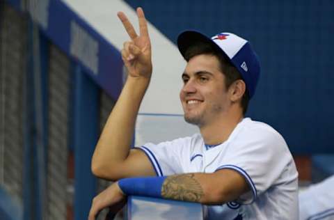 Jul 17, 2020; Toronto, Ontario, Canada; Toronto Blue Jays infielder Jordan Groshans (86) gestures to a team mate during an intra-squad game at Rogers Centre. Mandatory Credit: Dan Hamilton-USA TODAY Sports