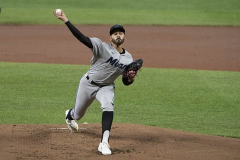 Aug 4, 2020; Baltimore, Maryland, USA; Miami Marlins starting pitcher Pablo Lopez (49) delivers a pitch during the first inning against the Baltimore Orioles at Oriole Park at Camden Yards. Mandatory Credit: Tommy Gilligan-USA TODAY Sports