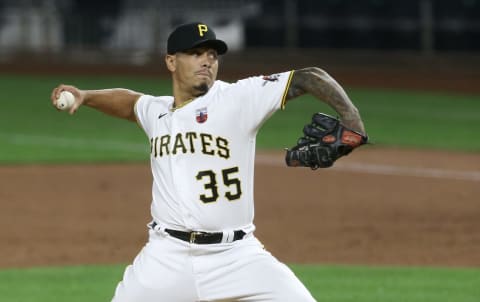 Aug 18, 2020; Pittsburgh, Pennsylvania, USA; Pittsburgh Pirates relief pitcher Keone Kela (35) pitches against the Cleveland Indians during the ninth inning at PNC Park. The Indians won 6-3 in ten innings. Mandatory Credit: Charles LeClaire-USA TODAY Sports