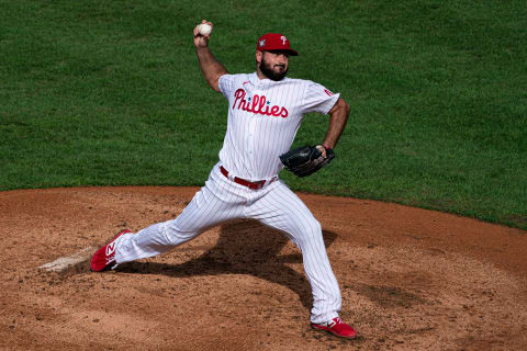 Aug 29, 2020; Philadelphia, Pennsylvania, USA; Philadelphia Phillies relief pitcher Brandon Workman throws a pitch during the ninth inning against the Atlanta Braves at Citizens Bank Park. Mandatory Credit: Bill Streicher-USA TODAY Sports