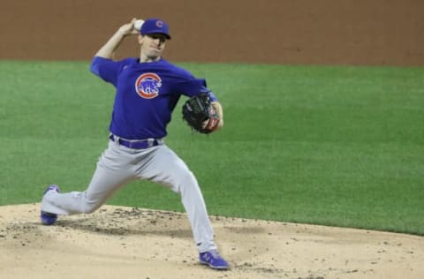 Sep 23, 2020; Pittsburgh, Pennsylvania, USA; Chicago Cubs starting pitcher Kyle Hendricks (28) delivers a pitch against the Pittsburgh Pirates during the first inning at PNC Park. Mandatory Credit: Charles LeClaire-USA TODAY Sports