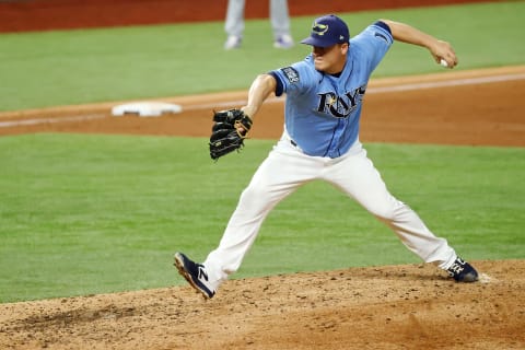 Oct 25, 2020; Arlington, Texas, USA; Tampa Bay Rays relief pitcher Aaron Loup (15) pitches against the Los Angeles Dodgers during the sixth inning during game five of the 2020 World Series at Globe Life Field. Mandatory Credit: Kevin Jairaj-USA TODAY Sports