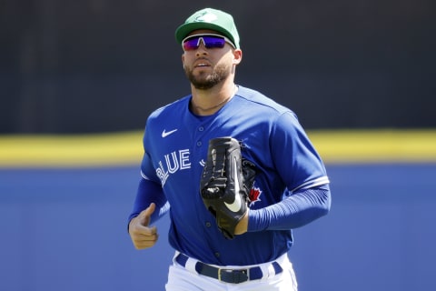 Mar 17, 2021; Dunedin, Florida, USA; Toronto Blue Jays center fielder George Springer (4) against the New York Yankees at TD Ballpark. Mandatory Credit: Kim Klement-USA TODAY Sports