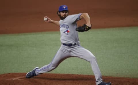 Apr 24, 2021; St. Petersburg, Florida, USA; Toronto Blue Jays pitcher Jordan Romano (68) throws a pitch during the eighth inning against the Tampa Bay Rays at Tropicana Field. Mandatory Credit: Kim Klement-USA TODAY Sports