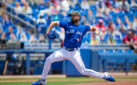 May 16, 2021; Dunedin, Florida, USA; Toronto Blue Jays starting pitcher Robbie Ray (38) delivers a pitch during the first inning of a game against the Philadelphia Phillies at TD Ballpark. Mandatory Credit: Mary Holt-USA TODAY Sports