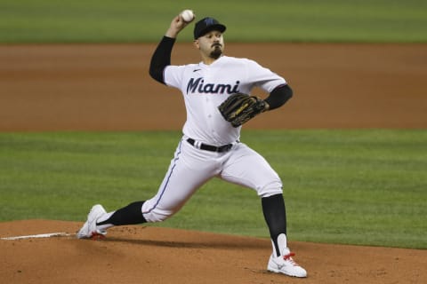 May 27, 2021; Miami, Florida, USA; Miami Marlins starting pitcher Pablo Lopez (49) delivers a pitch against the Philadelphia Phillies during the first inning at loanDepot Park. Mandatory Credit: Sam Navarro-USA TODAY Sports