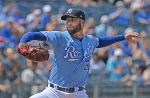 Jul 3, 2021; Kansas City, Missouri, USA; Kansas City Royals starting pitcher Danny Duffy (30) delivers a pitch during the first inning against the Minnesota Twins at Kauffman Stadium. Mandatory Credit: Peter Aiken-USA TODAY Sports