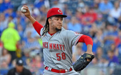 Jul 6, 2021; Kansas City, Missouri, USA; Cincinnati Reds starting pitcher Luis Castillo (58) delivers a pitch during the first inning against the Kansas City Royals at Kauffman Stadium. Mandatory Credit: Peter Aiken-USA TODAY Sports