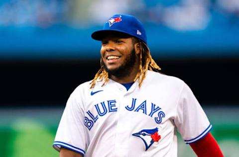 Aug 7, 2021; Toronto, Ontario, CAN; Toronto Blue Jays designated hitter Vladimir Guerrero Jr. (27) smiles at an MLB game against the Boston Red Sox at Rogers Centre. Mandatory Credit: Kevin Sousa-USA TODAY Sports