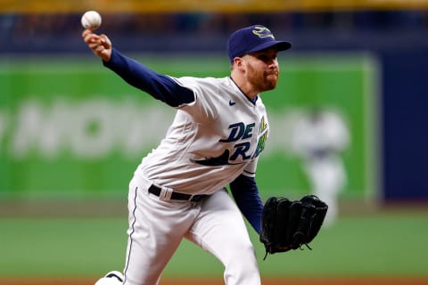 Aug 21, 2021; St. Petersburg, Florida, USA; Tampa Bay Rays relief pitcher Collin McHugh (31) (right) throws a pitch in the eighth inning against the Chicago White Sox at Tropicana Field. Mandatory Credit: Nathan Ray Seebeck-USA TODAY Sports