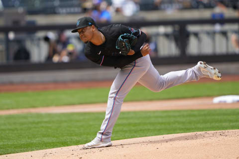 Aug 31, 2021; New York City, New York, USA; Miami Marlins pitcher Elieser Hernandez (57) delivers a pitch during the first inning against the New York Mets at Citi Field. Mandatory Credit: Gregory Fisher-USA TODAY Sports