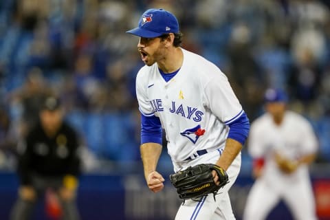 Sep 1, 2021; Toronto, Ontario, CAN; Toronto Blue Jays starting pitcher Jordan Romano (68) celebrates defeating the Baltimore Orioles during the ninth inning at Rogers Centre. Mandatory Credit: Kevin Sousa-USA TODAY Sports