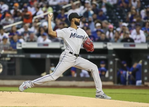 Sep 2, 2021; New York City, New York, USA; Miami Marlins pitcher Sandy Alcantara (22) pitches in the first inning against the Miami Marlins at Citi Field. Mandatory Credit: Wendell Cruz-USA TODAY Sports