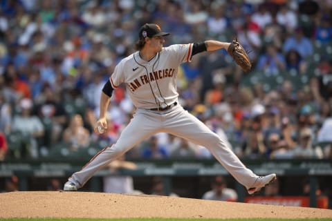 Sep 11, 2021; Chicago, Illinois, USA; San Francisco Giants starting pitcher Kevin Gausman (34) pitches during the first inning againstthe Chicago Cubs at Wrigley Field. Mandatory Credit: Patrick Gorski-USA TODAY Sports