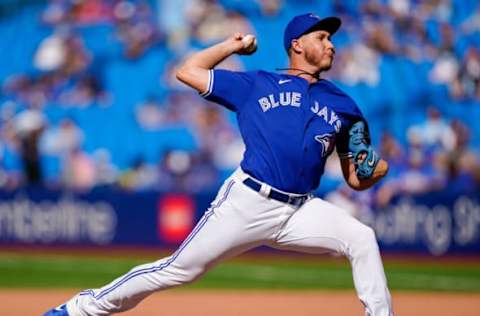 Sep 5, 2021; Toronto, Ontario, CAN; Toronto Blue Jays relief pitcher Nate Pearson (24) pitches against the Oakland Athletics at Rogers Centre. Mandatory Credit: Kevin Sousa-USA TODAY Sports