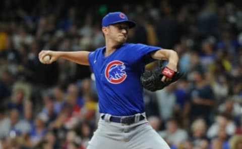 Sep 17, 2021; Milwaukee, Wisconsin, USA; Chicago Cubs starting pitcher Zach Davies (27) delivers a pitch against the Milwaukee Brewers in the first inning at American Family Field. Mandatory Credit: Michael McLoone-USA TODAY Sports