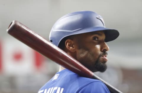 Sep 20, 2021; St. Petersburg, Florida, USA; Toronto Blue Jays second baseman Marcus Semien (10) waits on deck to bat against the Tampa Bay Rays during the first inning at Tropicana Field. Mandatory Credit: Kim Klement-USA TODAY Sports