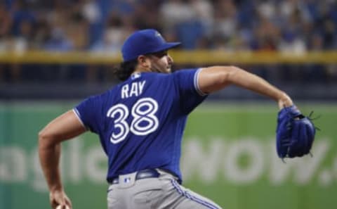 Sep 20, 2021; St. Petersburg, Florida, USA; Toronto Blue Jays starting pitcher Robbie Ray (38) throws against the Tampa Bay Rays during the fifth inning at Tropicana Field. Mandatory Credit: Kim Klement-USA TODAY Sports