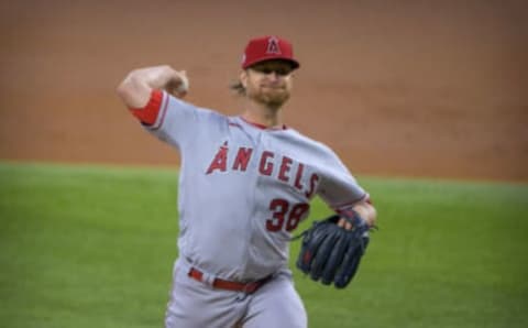 Sep 30, 2021; Arlington, Texas, USA; Los Angeles Angels starting pitcher Alex Cobb (38) pitches against the Texas Rangers during the first inning at Globe Life Field. Mandatory Credit: Jerome Miron-USA TODAY Sports