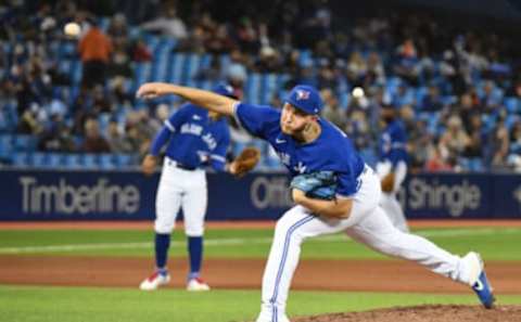 Sep 30, 2021; Toronto, Ontario, CAN; Toronto Blue Jays relief pitcher Nate Pearson (24) delivers a pitch against New York Yankees in the seventh inning at Rogers Centre. Mandatory Credit: Dan Hamilton-USA TODAY Sports