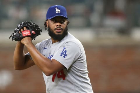 Oct 16, 2021; Cumberland, Georgia, USA; Los Angeles Dodgers relief pitcher Kenley Jansen (74) throws against the Atlanta Braves during the eighth inning in game one of the 2021 NLCS at Truist Park. Mandatory Credit: Brett Davis-USA TODAY Sports