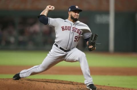 Oct 31, 2021; Atlanta, Georgia, USA; Houston Astros relief pitcher Yimi Garcia (93) throws against the Atlanta Braves during the third inning of game five of the 2021 World Series at Truist Park. Mandatory Credit: Brett Davis-USA TODAY Sports