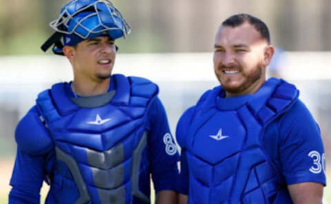 Mar 14, 2022; Dunedin, FL, USA; Toronto Blue Jays catcher Alejandro Kirk (30) (right) at Toronto Blue Jays Player Development Complex. Mandatory Credit: Nathan Ray Seebeck-USA TODAY Sports