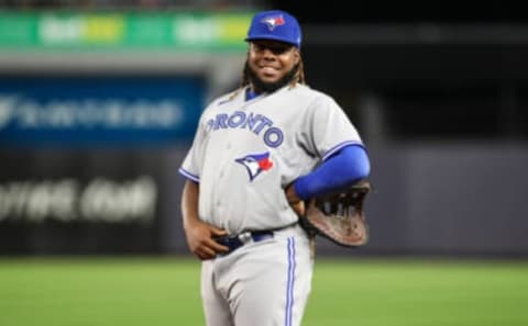 Apr 14, 2022; Bronx, New York, USA; Toronto Blue Jays first baseman Vladimir Guerrero Jr. (27) at Yankee Stadium. Mandatory Credit: Wendell Cruz-USA TODAY Sports