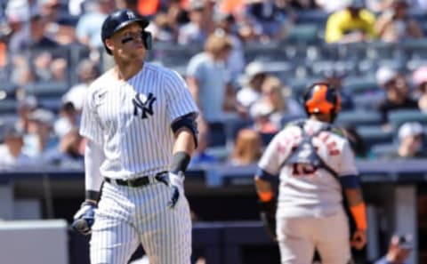 Jun 25, 2022; Bronx, New York, USA; New York Yankees right fielder Aaron Judge looks out after striking out against Houston Astros relief pitcher Cristian Javier (53) during the sixth inning at Yankee Stadium. Mandatory Credit: Jessica Alcheh-USA TODAY Sports