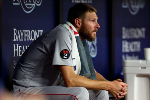 Jul 12, 2022; St. Petersburg, Florida, USA; Boston Red Sox starting pitcher Chris Sale (41) looks on from the bench in the fifth inning against the Tampa Bay Rays at Tropicana Field. Mandatory Credit: Nathan Ray Seebeck-USA TODAY Sports