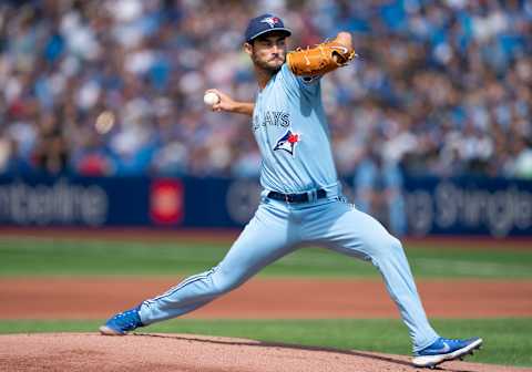 Aug 13, 2022; Toronto, Ontario, CAN; Toronto Blue Jays starting pitcher Mitch White (45) throws a pitch against the Cleveland Guardians during the first inning at Rogers Centre. Mandatory Credit: Nick Turchiaro-USA TODAY Sports