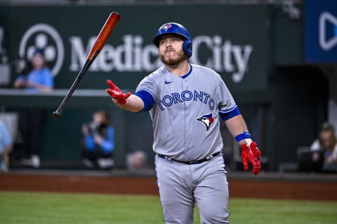 Sep 11, 2022; Arlington, Texas, USA; Toronto Blue Jays catcher Alejandro Kirk (30) tosses his bat after he strikes out against the Texas Rangers during the eighth inning at Globe Life Field. Mandatory Credit: Jerome Miron-USA TODAY Sports