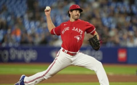 Sep 12, 2022; Toronto, Ontario, CAN; Toronto Blue Jays pitcher Jordan Romano (68) pitches to the Tampa Bay Rays during the ninth inning at Rogers Centre. Mandatory Credit: John E. Sokolowski-USA TODAY Sports