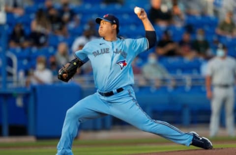 Apr 13, 2021; Dunedin, Florida, CAN; Toronto Blue Jays starting pitcher Hyun Jin Ryu (99) throws against the New York Yankees in the first inning at TD Ballpark. Mandatory Credit: Nathan Ray Seebeck-USA TODAY Sports