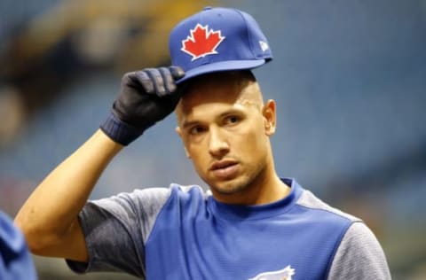 Apr 8, 2017; St. Petersburg, FL, USA; Toronto Blue Jays second baseman Ryan Goins (17) works out prior to the game at Tropicana Field. Mandatory Credit: Kim Klement-USA TODAY Sports