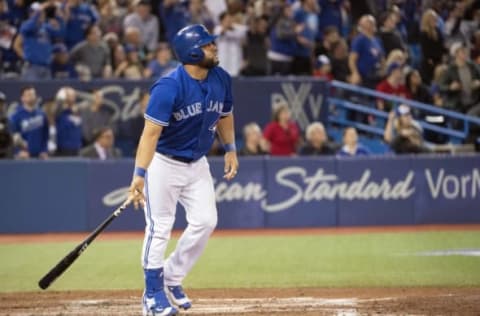 Apr 15, 2017; Toronto, Ontario, CAN; Toronto Blue Jays first baseman Kendrys Morales reacts after hitting a walk off home run in the ninth inning during a game against the Baltimore Orioles at Rogers Centre. The Toronto Blue Jays won 2-1. Mandatory Credit: Nick Turchiaro-USA TODAY Sports