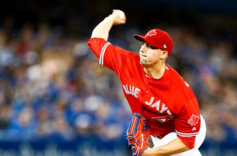 Apr 30, 2017; Toronto, Ontario, CAN; Toronto Blue Jays starting pitcher Aaron Sanchez (41) throws a pitch against the Tampa Bay Rays during the first inning but later was pulled from the game at Rogers Centre. Mandatory Credit: Kevin Sousa-USA TODAY Sports