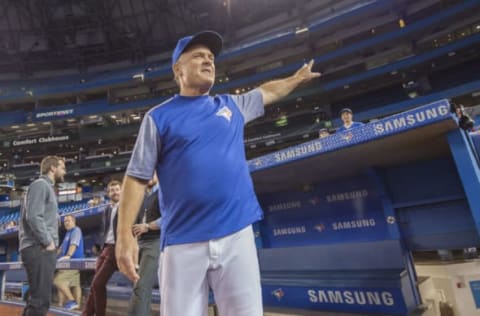 May 13, 2017; Toronto, Ontario, CAN; Toronto Blue Jays manager John Gibbons (5) acknowledges the crowd during batting practice before a game against the Seattle Mariners at Rogers Centre. Mandatory Credit: Nick Turchiaro-USA TODAY Sports