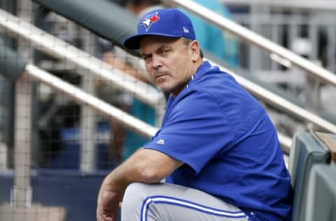 May 18, 2017; Atlanta, GA, USA; Toronto Blue Jays manager John Gibbons (5) in the dugout before a game against the Atlanta Braves at SunTrust Park. Mandatory Credit: Brett Davis-USA TODAY Sports