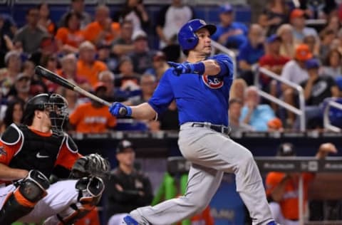 Jun 25, 2017; Miami, FL, USA; Chicago Cubs catcher Miguel Montero (47) singles in the seventh inning against the Miami Marlins at Marlins Park. Mandatory Credit: Jasen Vinlove-USA TODAY Sports