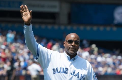 May 29, 2016; Toronto, Ontario, CAN; Toronto Blue Jays former player and alumni Carlos Delgado acknowledges the crowd during the 40th season ceremonies before a game against the Boston Red Sox at Rogers Centre. The Boston Red Sox won 5-3. Mandatory Credit: Nick Turchiaro-USA TODAY Sports