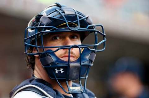 Sep 13, 2016; Detroit, MI, USA; Detroit Tigers catcher Jarrod Saltalamacchia (39) in the dugout prior to the game against the Minnesota Twins at Comerica Park. Mandatory Credit: Rick Osentoski-USA TODAY Sports