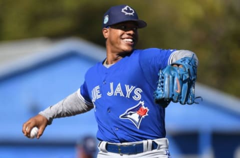 Feb 20, 2017; Dunedin, FL, USA; Toronto Blue Jays pitcher Marcus Stroman (6) throws a pitch during the spring training workout at the Bobby Mattix Training Center. Mandatory Credit: Jonathan Dyer-USA TODAY Sports