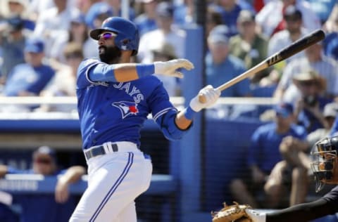 Mar 3, 2017; Dunedin, FL, USA; Toronto Blue Jays right fielder Jose Bautista (19) singles during the third inning against the New York Yankees at Florida Auto Exchange Stadium. Mandatory Credit: Kim Klement-USA TODAY Sports