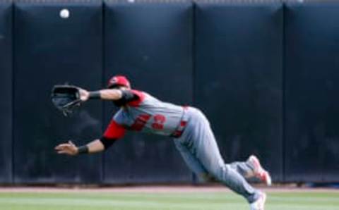 Mar 7, 2017; Dunedin, FL, USA; Canada center fielder Dalton Pompey (23) catches a fly ball during the fifth inning against the Toronto Blue Jays during the 2017 World Baseball Classic exhibition game at Florida Auto Exchange Stadium . Mandatory Credit: Kim Klement-USA TODAY Sports