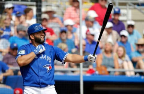 Mar 7, 2017; Dunedin, FL, USA; Toronto Blue Jays designated hitter Kendrys Morales (8) at bat against Canada during the 2017 World Baseball Classic exhibition game at Florida Auto Exchange Stadium . Mandatory Credit: Kim Klement-USA TODAY Sports