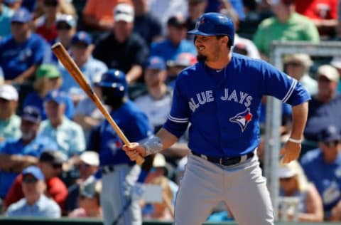 Mar 4, 2017; Fort Myers, FL, USA; Toronto Blue Jays center fielder Darrell Ceciliani (9) at bat at CenturyLink Sports Complex. Mandatory Credit: Kim Klement-USA TODAY Sports